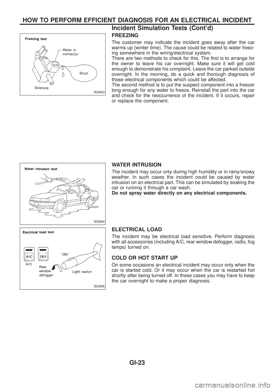 NISSAN PATROL 2006  Service Manual FREEZING
The customer may indicate the incident goes away after the car
warms up (winter time). The cause could be related to water freez-
ing somewhere in the wiring/electrical system.
There are two 