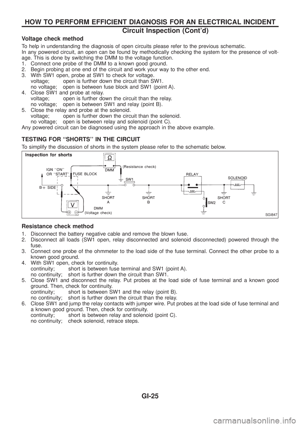 NISSAN PATROL 2006  Service Manual Voltage check method
To help in understanding the diagnosis of open circuits please refer to the previous schematic.
In any powered circuit, an open can be found by methodically checking the system fo