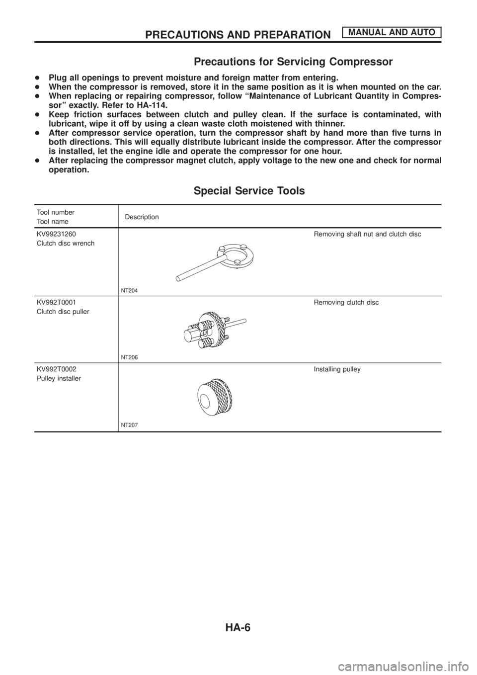 NISSAN PATROL 2006  Service Manual Precautions for Servicing Compressor
+Plug all openings to prevent moisture and foreign matter from entering.
+When the compressor is removed, store it in the same position as it is when mounted on th