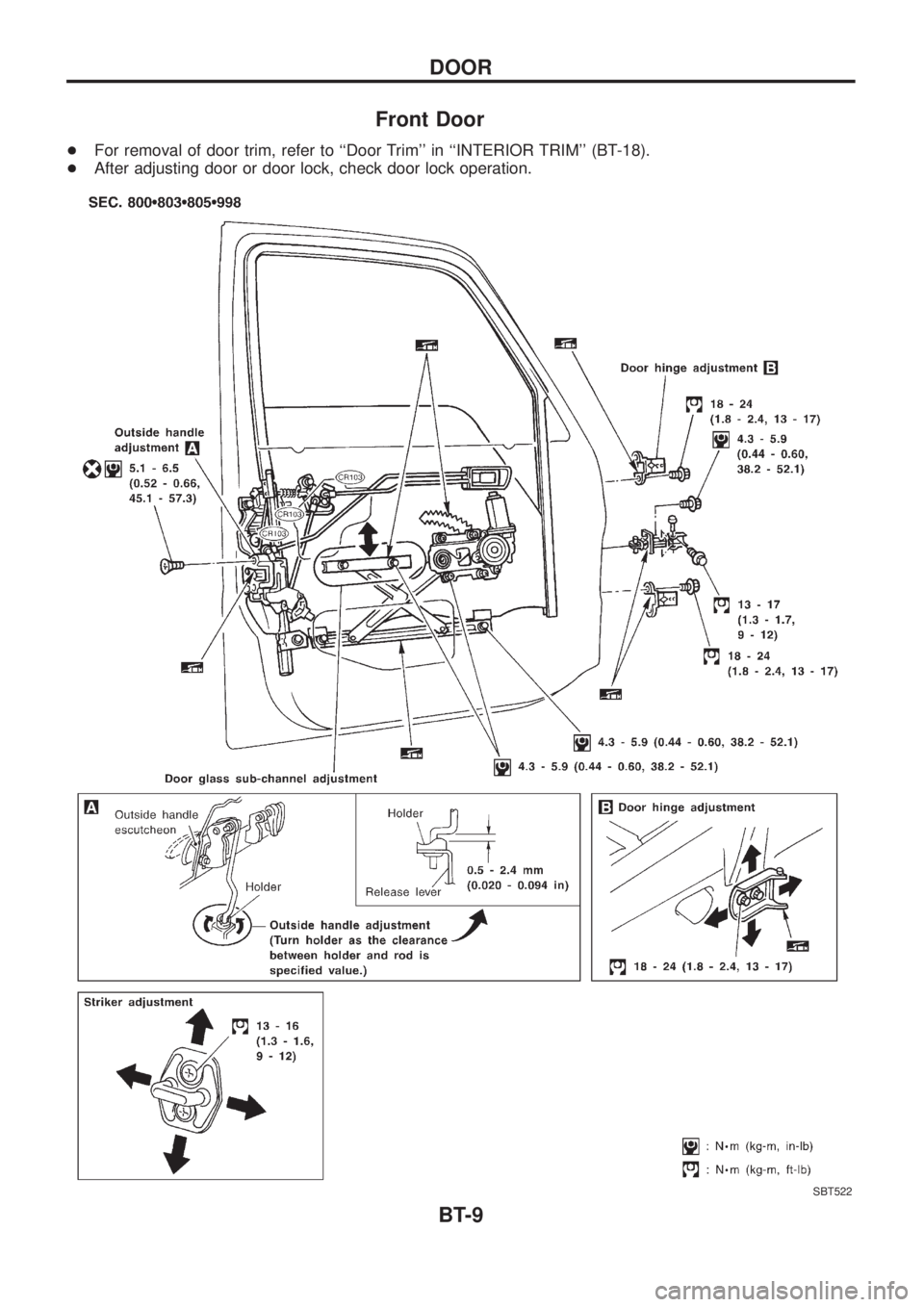 NISSAN PATROL 2006  Service Manual Front Door
+For removal of door trim, refer to ``Door Trim in ``INTERIOR TRIM (BT-18).
+After adjusting door or door lock, check door lock operation.
SBT522
DOOR
BT-9 