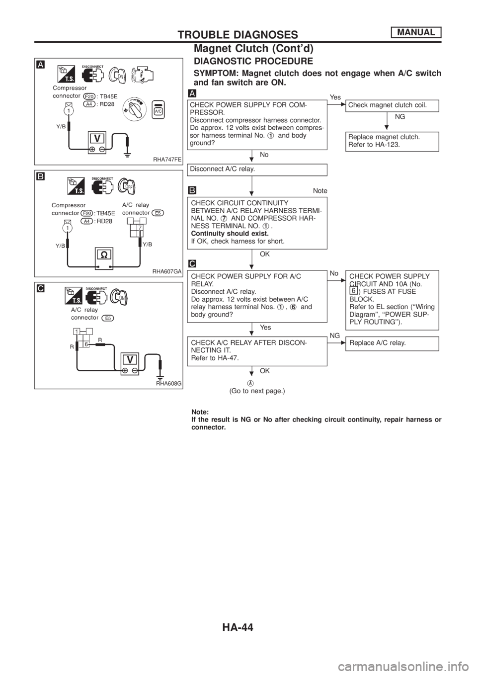 NISSAN PATROL 2006 Service Manual DIAGNOSTIC PROCEDURE
SYMPTOM: Magnet clutch does not engage when A/C switch
and fan switch are ON.
CHECK POWER SUPPLY FOR COM-
PRESSOR.
Disconnect compressor harness connector.
Do approx. 12 volts exi NISSAN PATROL 2006 Service Manual DIAGNOSTIC PROCEDURE
SYMPTOM: Magnet clutch does not engage when A/C switch
and fan switch are ON.
CHECK POWER SUPPLY FOR COM-
PRESSOR.
Disconnect compressor harness connector.
Do approx. 12 volts exi