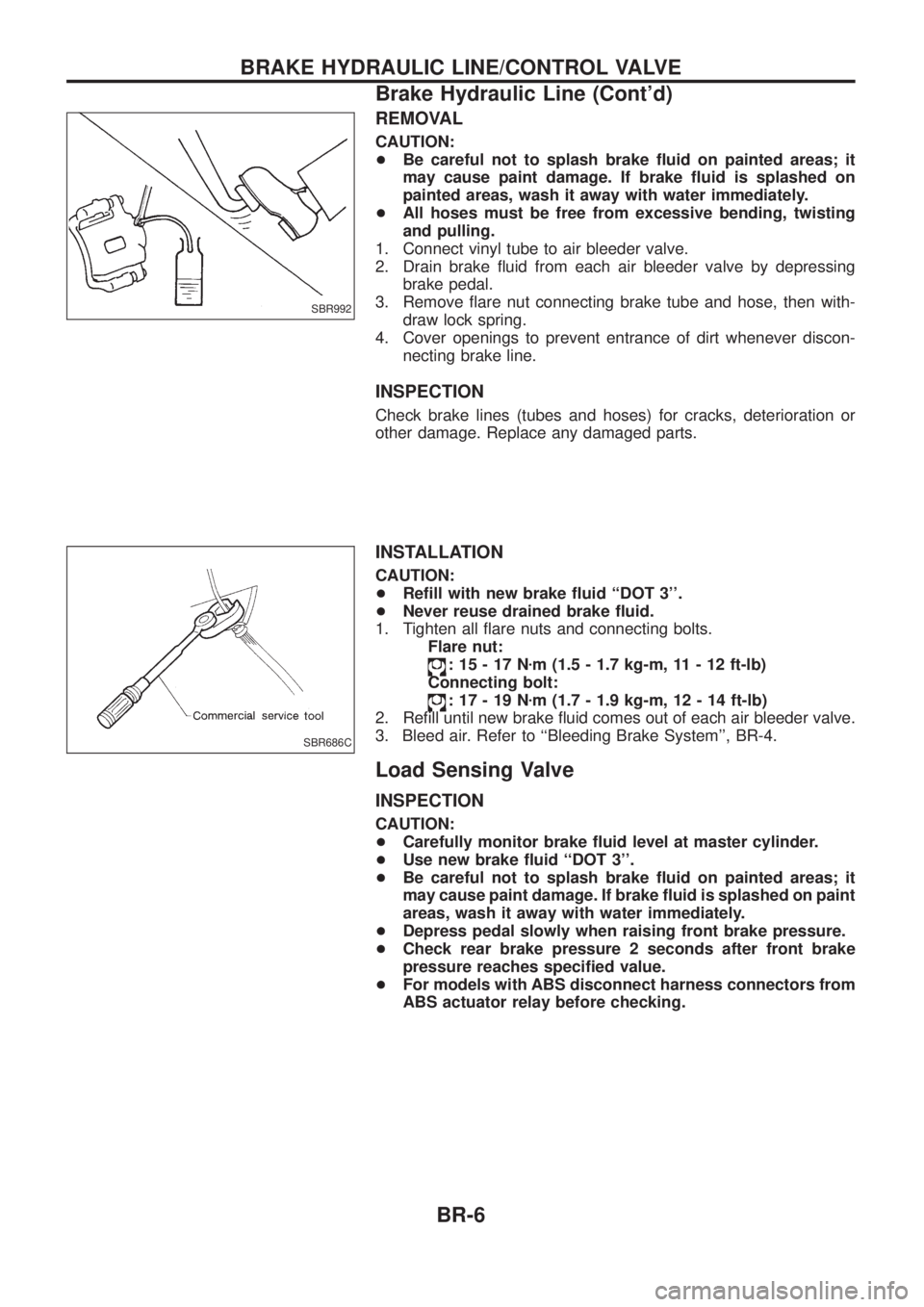 NISSAN PATROL 2006  Service Manual REMOVAL
CAUTION:
+Be careful not to splash brake ¯uid on painted areas; it
may cause paint damage. If brake ¯uid is splashed on
painted areas, wash it away with water immediately.
+ All hoses must b