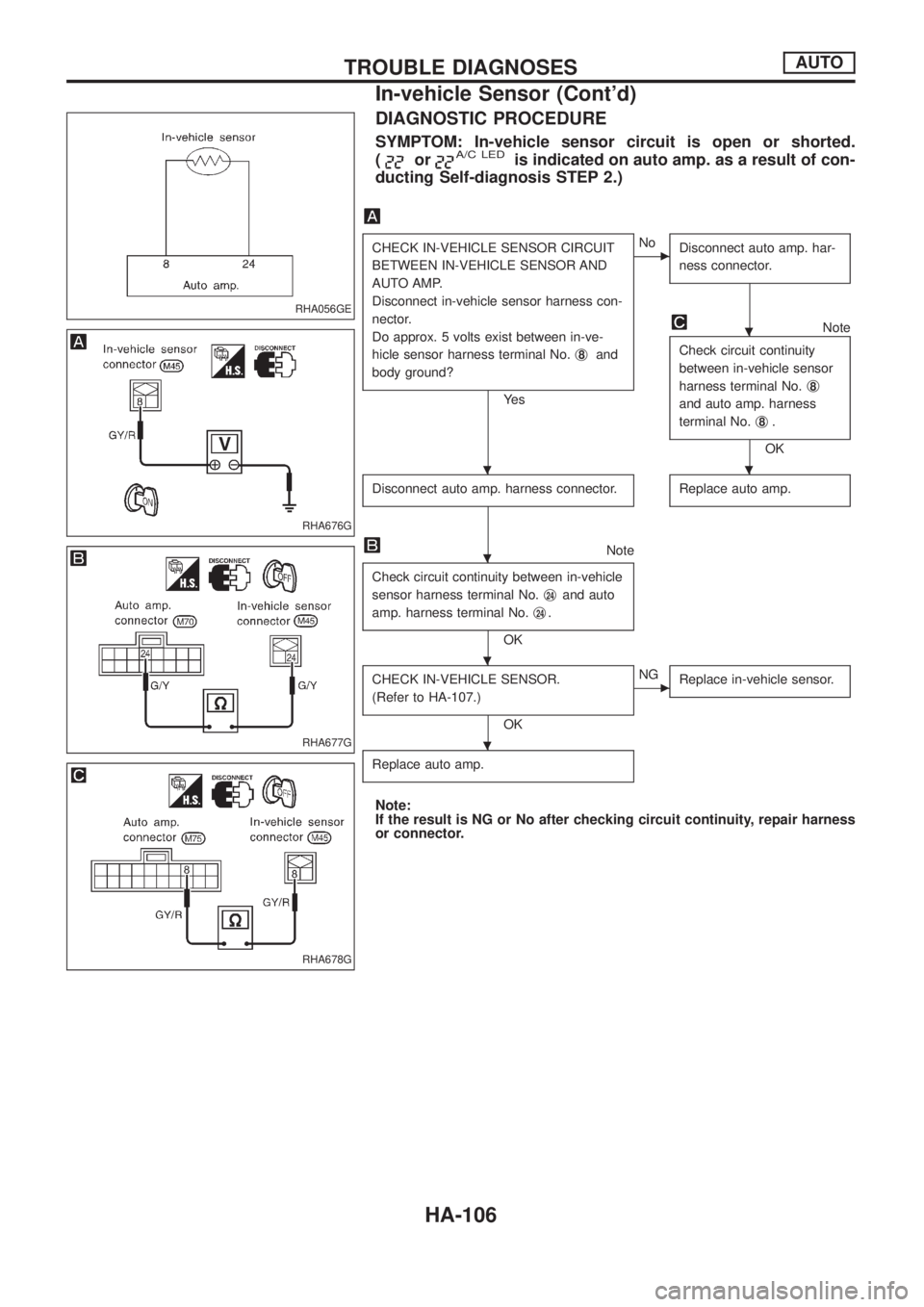 NISSAN PATROL 2006  Service Manual DIAGNOSTIC PROCEDURE
SYMPTOM: In-vehicle sensor circuit is open or shorted.
(
orA/C LEDis indicated on auto amp. as a result of con-
ducting Self-diagnosis STEP 2.)
CHECK IN-VEHICLE SENSOR CIRCUIT
BET