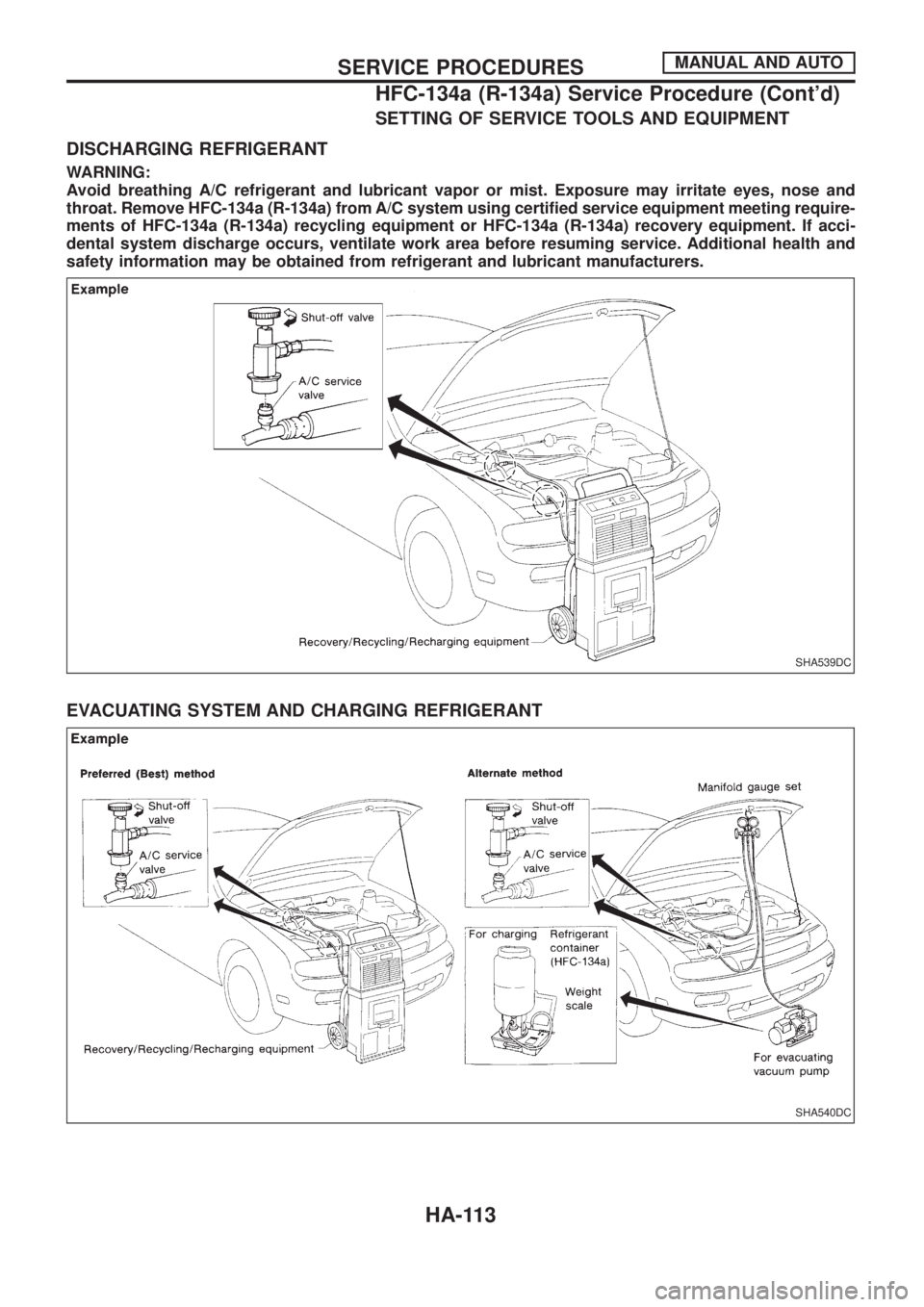 NISSAN PATROL 2006  Service Manual SETTING OF SERVICE TOOLS AND EQUIPMENT
DISCHARGING REFRIGERANT
WARNING:
Avoid breathing A/C refrigerant and lubricant vapor or mist. Exposure may irritate eyes, nose and
throat. Remove HFC-134a (R-134