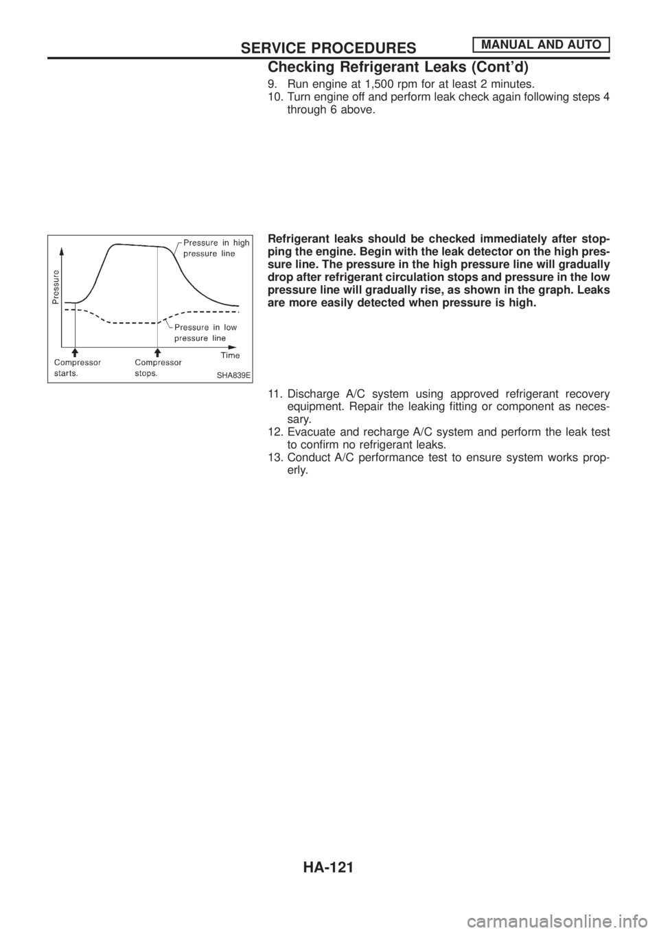 NISSAN PATROL 2006  Service Manual 9. Run engine at 1,500 rpm for at least 2 minutes.
10. Turn engine off and perform leak check again following steps 4
through 6 above.
Refrigerant leaks should be checked immediately after stop-
ping 