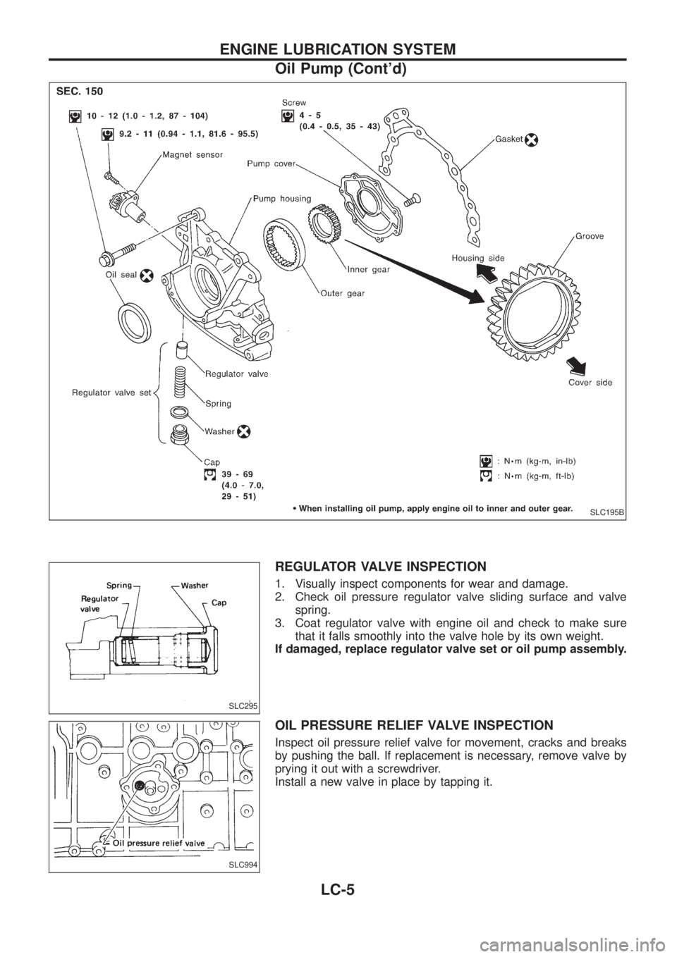NISSAN PATROL 2006  Service Manual REGULATOR VALVE INSPECTION
1. Visually inspect components for wear and damage.
2. Check oil pressure regulator valve sliding surface and valve
spring.
3. Coat regulator valve with engine oil and check