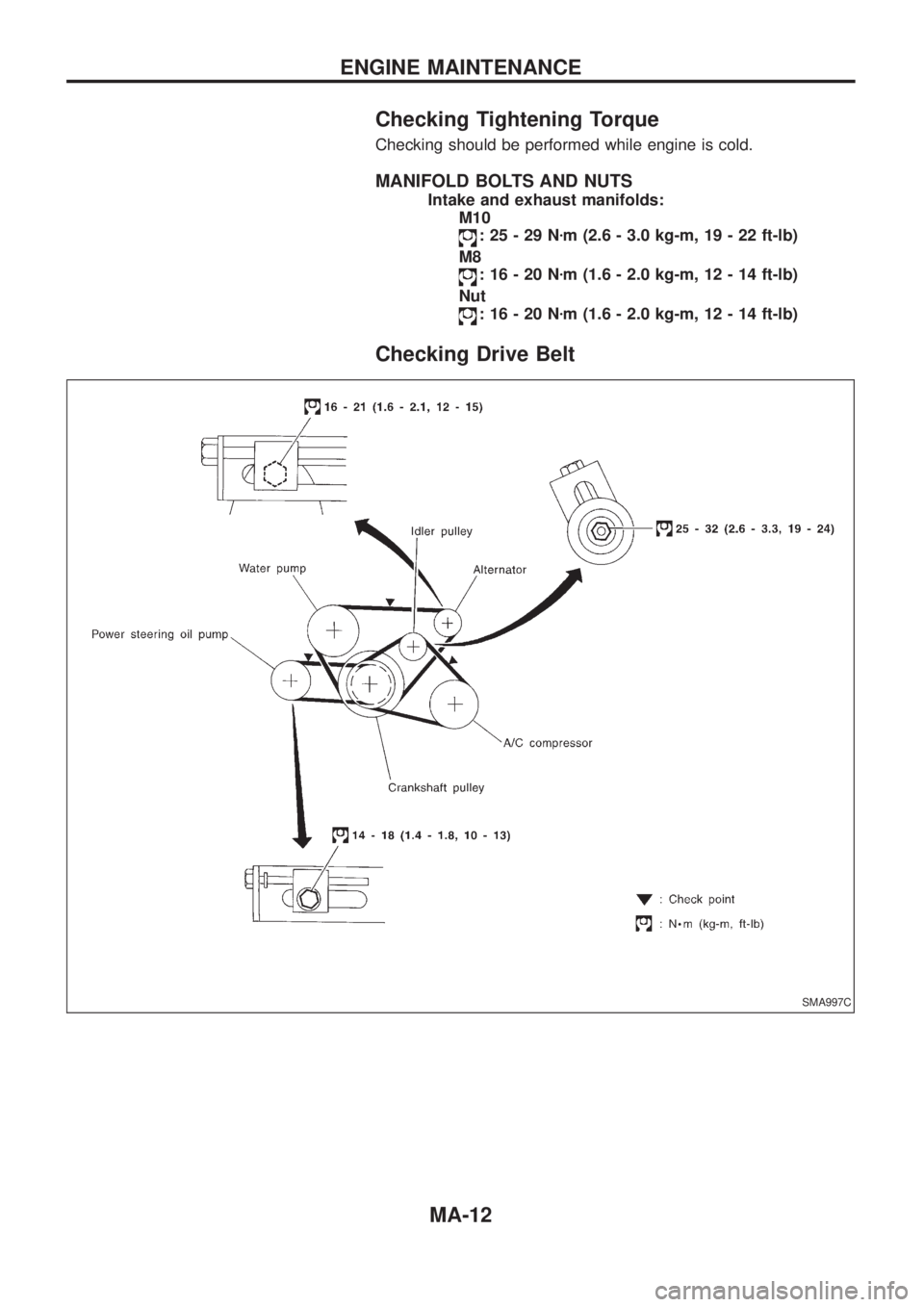 NISSAN PATROL 2006  Service Manual Checking Tightening Torque
Checking should be performed while engine is cold.
MANIFOLD BOLTS AND NUTS
Intake and exhaust manifolds:
M10
:25-29Nzm (2.6 - 3.0 kg-m, 19 - 22 ft-lb)
M8
:16-20Nzm (1.6 - 2.