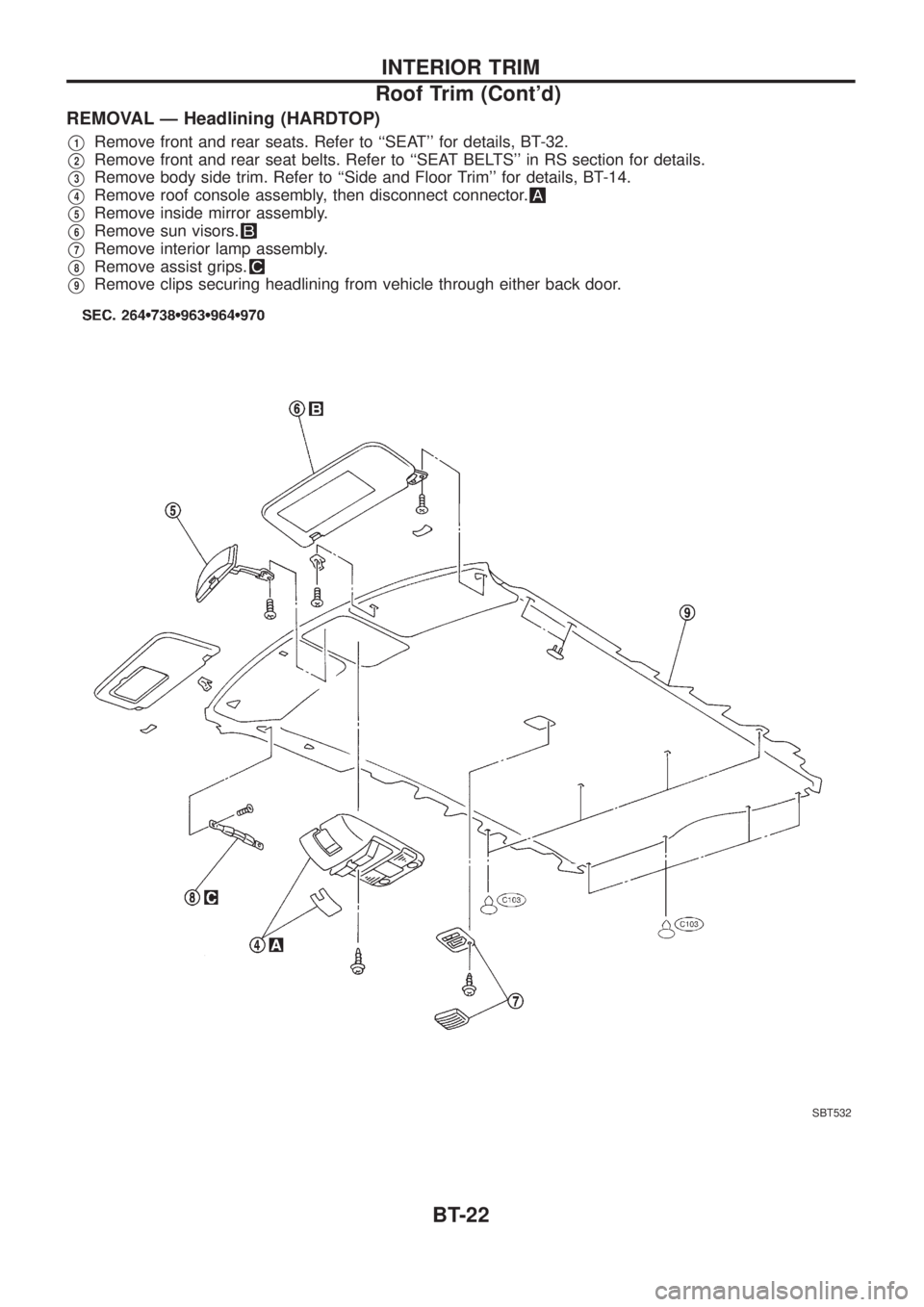 NISSAN PATROL 2006  Service Manual REMOVAL Ð Headlining (HARDTOP)
V1Remove front and rear seats. Refer to ``SEAT for details, BT-32.
V2Remove front and rear seat belts. Refer to ``SEAT BELTS in RS section for details.
V3Remove bod
