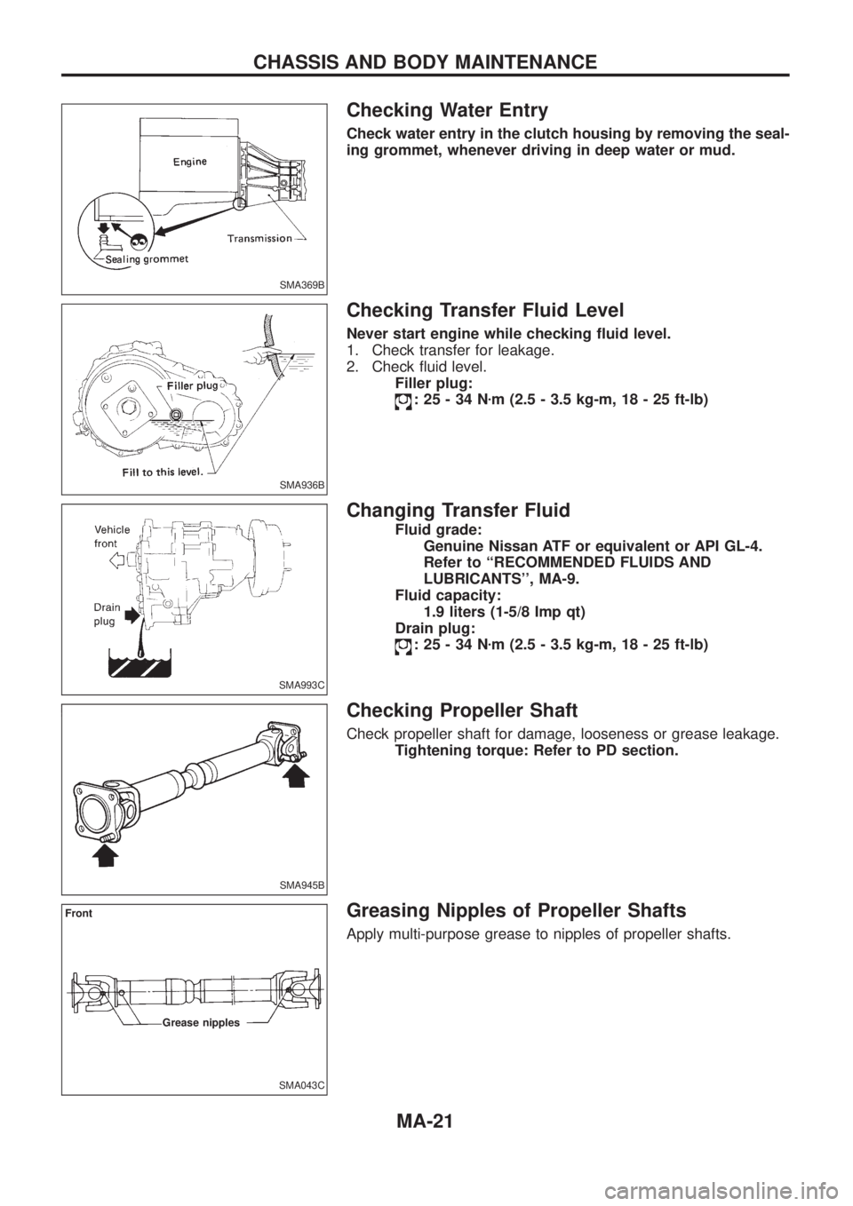 NISSAN PATROL 2006  Service Manual Checking Water Entry
Check water entry in the clutch housing by removing the seal-
ing grommet, whenever driving in deep water or mud.
Checking Transfer Fluid Level
Never start engine while checking 