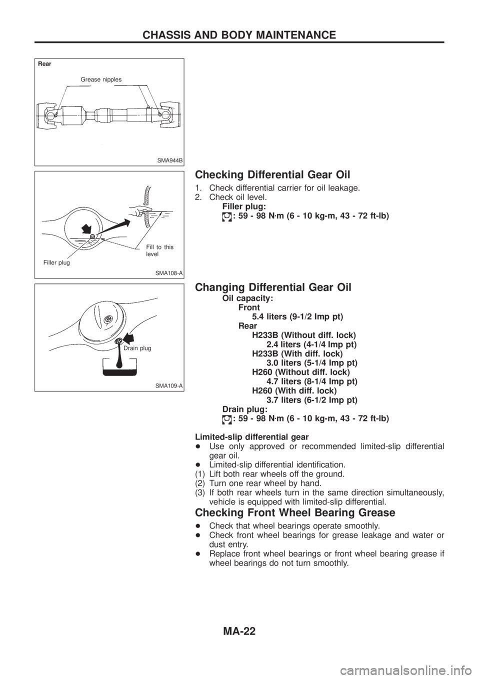 NISSAN PATROL 2006  Service Manual Checking Differential Gear Oil
1. Check differential carrier for oil leakage.
2. Check oil level.Filler plug:
:59-98N zm (6 - 10 kg-m, 43 - 72 ft-lb)
Changing Differential Gear Oil
Oil capacity:
Front