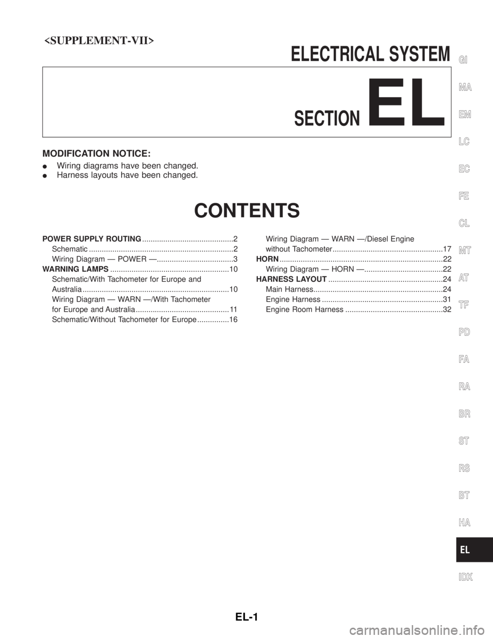 NISSAN PICK-UP 2005 Repair Manual <SUPPLEMENT-VII>
ELECTRICALSYSTEMSECTION
EL
MODIFICATION NOTICE:
I Wiring diagrams have been changed.
I Harness layouts have been changed.
CONTENTS
POWER SUPPLY ROUTING ............................... NISSAN PICK-UP 2005 Repair Manual <SUPPLEMENT-VII>
ELECTRICALSYSTEMSECTION
EL
MODIFICATION NOTICE:
I Wiring diagrams have been changed.
I Harness layouts have been changed.
CONTENTS
POWER SUPPLY ROUTING ...............................
