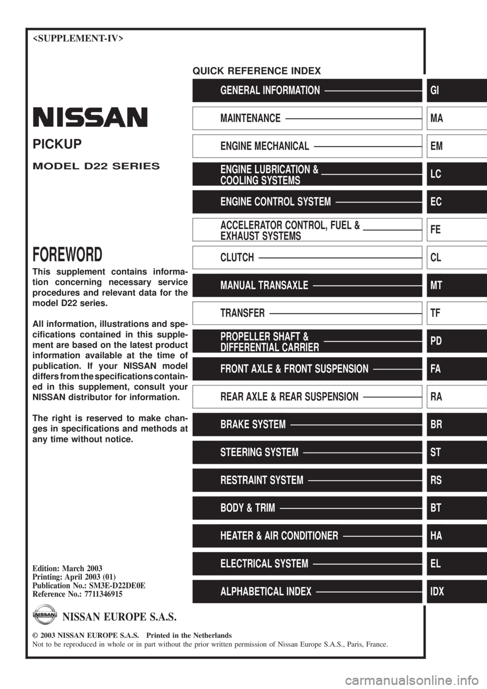 NISSAN PICK-UP 2003 Repair Manual <SUPPLEMENT-IV>
GENERAL INFORMATIONGI
MAINTENANCEMA
ENGINE MECHANICALEM
ENGINE LUBRICATION &
COOLING SYSTEMSLC
ENGINE CONTROL SYSTEMEC
ACCELERATOR CONTROL, FUEL &
EXHAUST SYSTEMSFE
CLUTCHCL
MANUAL TRA NISSAN PICK-UP 2003 Repair Manual <SUPPLEMENT-IV>
GENERAL INFORMATIONGI
MAINTENANCEMA
ENGINE MECHANICALEM
ENGINE LUBRICATION &
COOLING SYSTEMSLC
ENGINE CONTROL SYSTEMEC
ACCELERATOR CONTROL, FUEL &
EXHAUST SYSTEMSFE
CLUTCHCL
MANUAL TRA