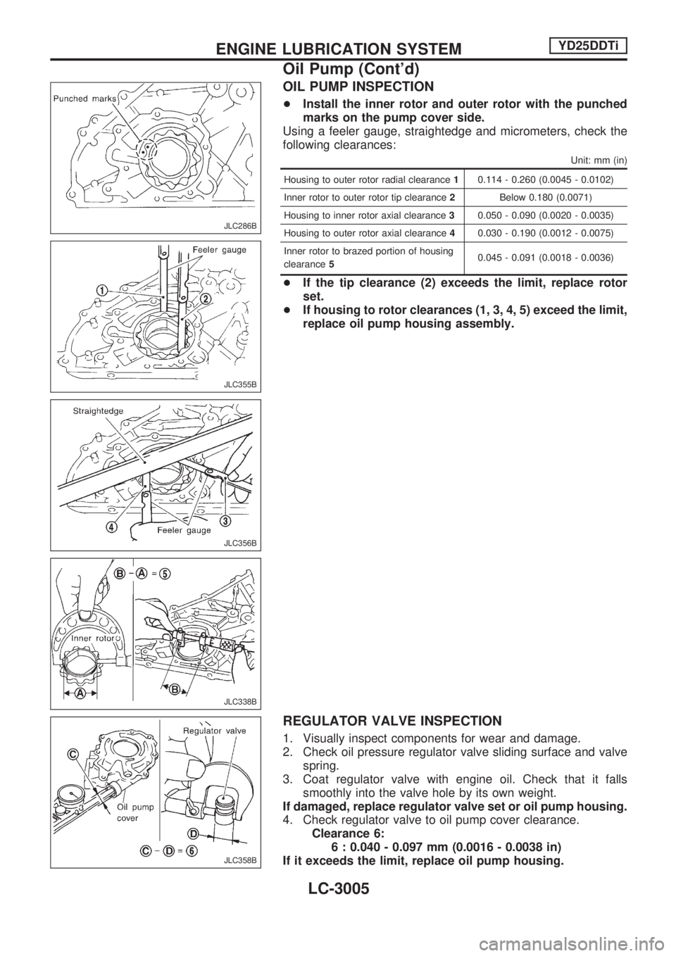 NISSAN PICK-UP 2001  Repair Manual OIL PUMP INSPECTION
+Install the inner rotor and outer rotor with the punched
marks on the pump cover side.
Using a feeler gauge, straightedge and micrometers, check the
following clearances:
Unit: mm