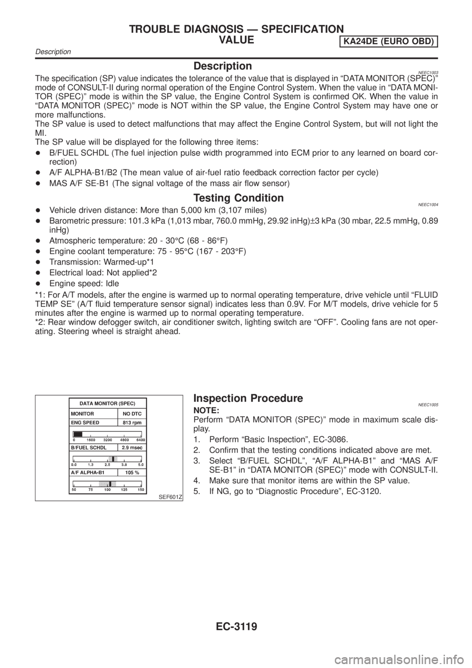NISSAN PICK-UP 2001  Repair Manual DescriptionNEEC1003The specification (SP) value indicates the tolerance of the value that is displayed in ªDATA MONITOR (SPEC)º
mode of CONSULT-II during normal operation of the Engine Control Syste