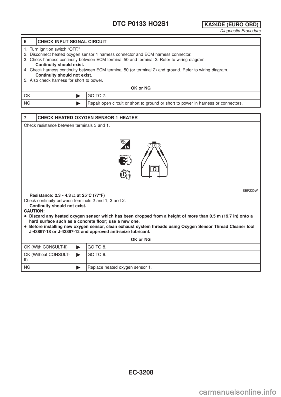 NISSAN PICK-UP 2001 Repair Manual 6 CHECK INPUT SIGNAL CIRCUIT
1. Turn ignition switch ªOFF.º
2. Disconnect heated oxygen sensor 1 harness connector and ECM harness connector.
3. Check harness continuity between ECM terminal 50 and NISSAN PICK-UP 2001 Repair Manual 6 CHECK INPUT SIGNAL CIRCUIT
1. Turn ignition switch ªOFF.º
2. Disconnect heated oxygen sensor 1 harness connector and ECM harness connector.
3. Check harness continuity between ECM terminal 50 and