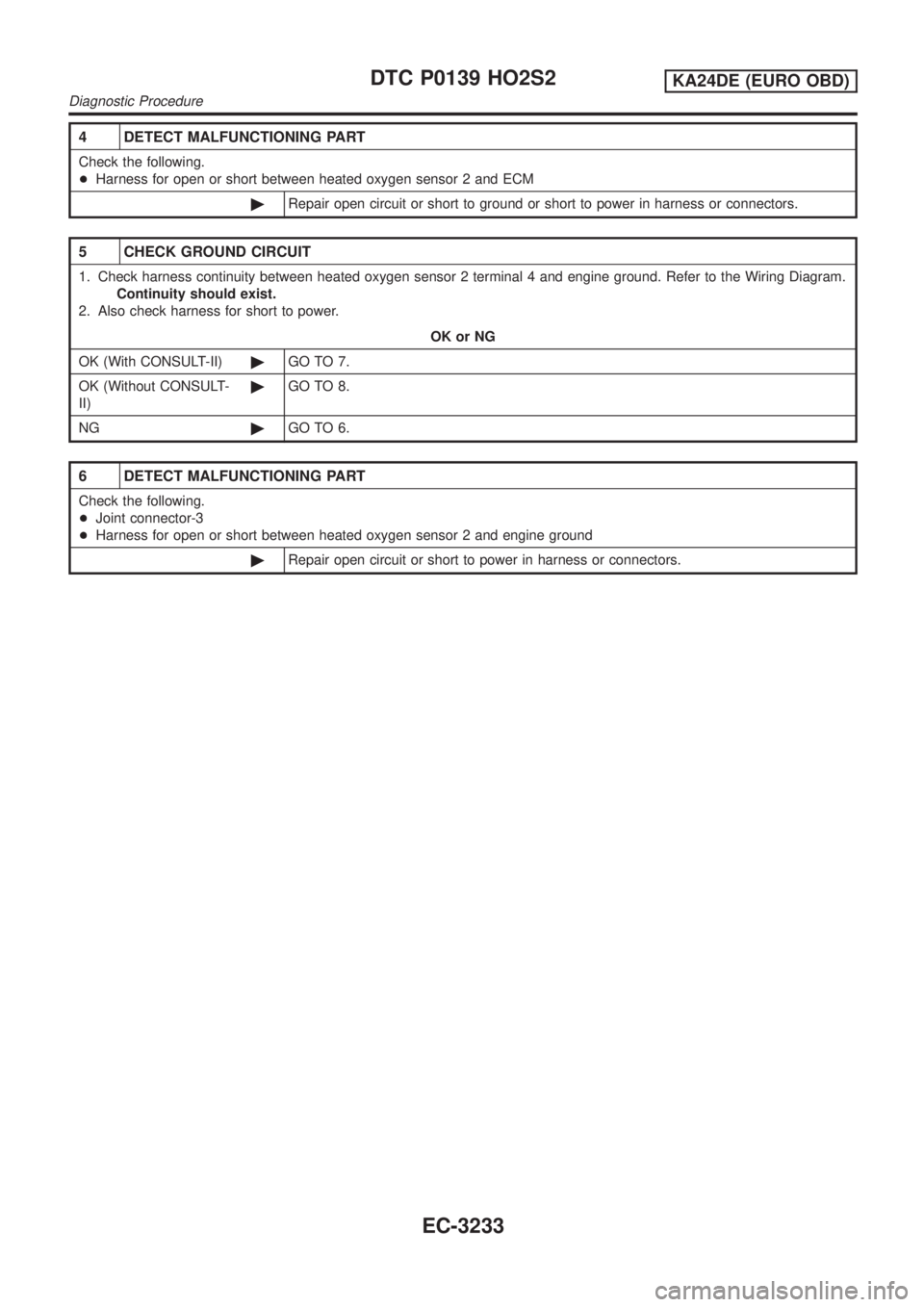 NISSAN PICK-UP 2001  Repair Manual 4 DETECT MALFUNCTIONING PART
Check the following.
+Harness for open or short between heated oxygen sensor 2 and ECM
©Repair open circuit or short to ground or short to power in harness or connectors.