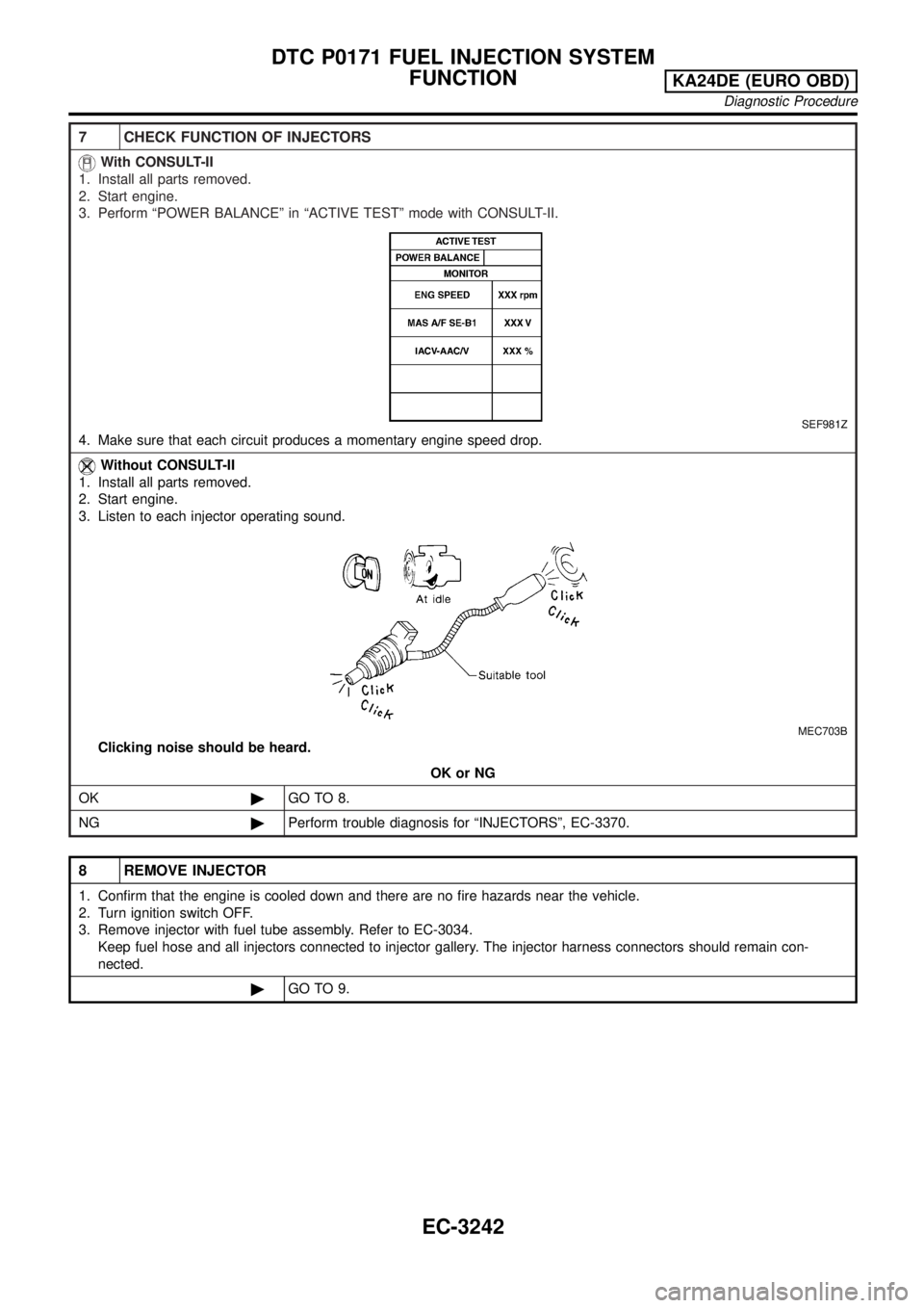 NISSAN PICK-UP 2001  Repair Manual 7 CHECK FUNCTION OF INJECTORS
With CONSULT-II
1. Install all parts removed.
2. Start engine.
3. Perform ªPOWER BALANCEº in ªACTIVE TESTº mode with CONSULT-II.
SEF981Z
4. Make sure that each circui
