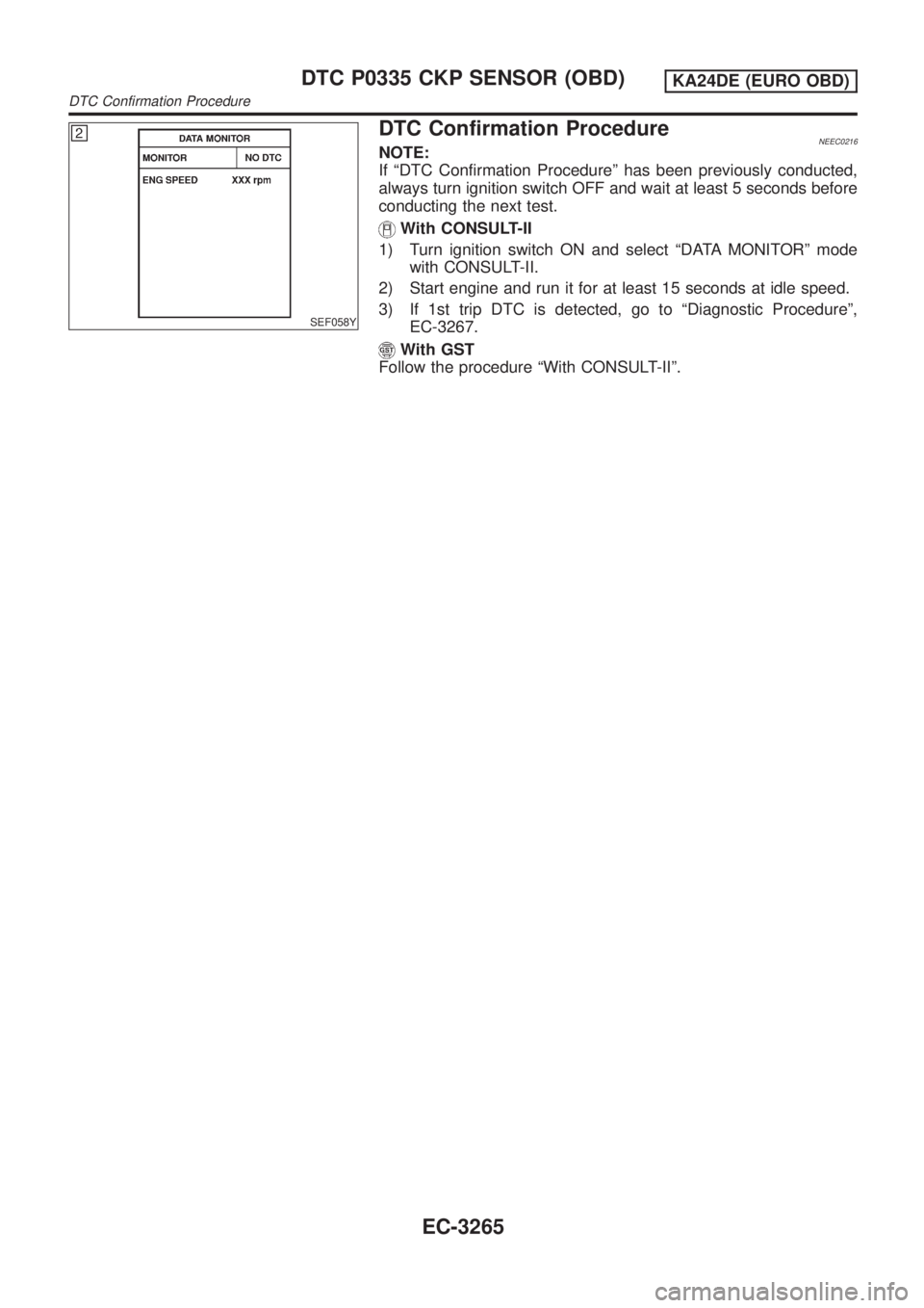 NISSAN PICK-UP 2001  Repair Manual SEF058Y
DTC Confirmation ProcedureNEEC0216NOTE:
If ªDTC Confirmation Procedureº has been previously conducted,
always turn ignition switch OFF and wait at least 5 seconds before
conducting the next 