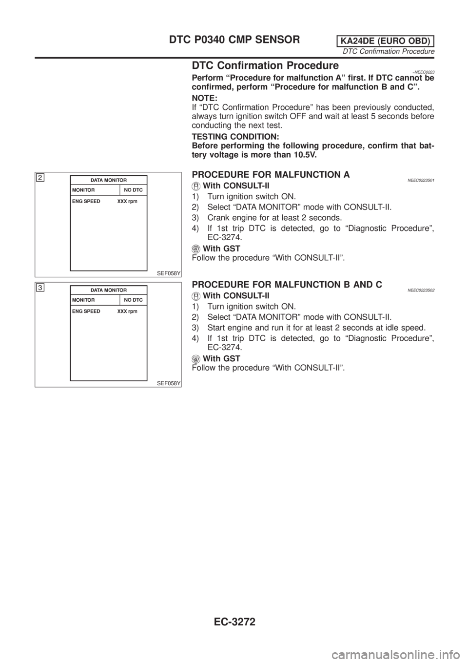 NISSAN PICK-UP 2001  Repair Manual DTC Confirmation Procedure=NEEC0223Perform ªProcedure for malfunction Aº first. If DTC cannot be
confirmed, perform ªProcedure for malfunction B and Cº.
NOTE:
If ªDTC Confirmation Procedureº has