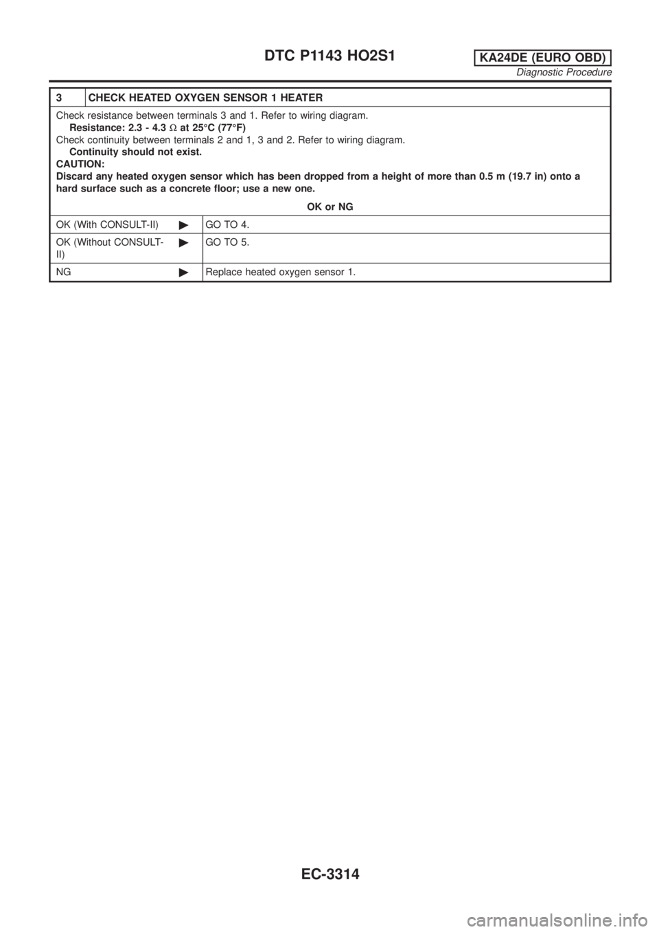 NISSAN PICK-UP 2001  Repair Manual 3 CHECK HEATED OXYGEN SENSOR 1 HEATER
Check resistance between terminals 3 and 1. Refer to wiring diagram.
Resistance: 2.3 - 4.3Wat 25ÉC (77ÉF)
Check continuity between terminals 2 and 1, 3 and 2. R