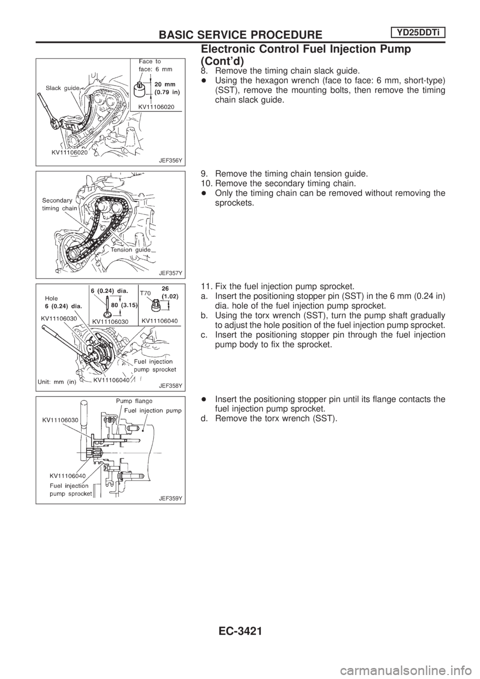 NISSAN PICK-UP 2001  Repair Manual 8. Remove the timing chain slack guide.
+Using the hexagon wrench (face to face: 6 mm, short-type)
(SST), remove the mounting bolts, then remove the timing
chain slack guide.
9. Remove the timing chai