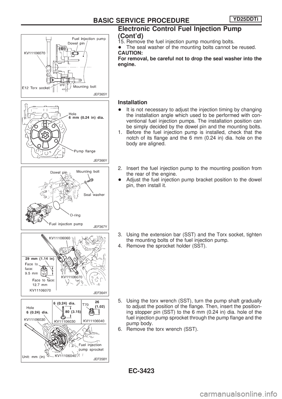 NISSAN PICK-UP 2001  Repair Manual 15. Remove the fuel injection pump mounting bolts.
+The seal washer of the mounting bolts cannot be reused.
CAUTION:
For removal, be careful not to drop the seal washer into the
engine.
Installation
+