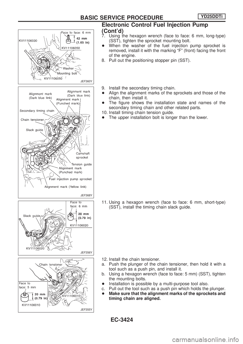 NISSAN PICK-UP 2001 Repair Manual 7. Using the hexagon wrench (face to face: 6 mm, long-type)
(SST), tighten the sprocket mounting bolt.
+When the washer of the fuel injection pump sprocket is
removed, install it with the marking ªF NISSAN PICK-UP 2001 Repair Manual 7. Using the hexagon wrench (face to face: 6 mm, long-type)
(SST), tighten the sprocket mounting bolt.
+When the washer of the fuel injection pump sprocket is
removed, install it with the marking ªF