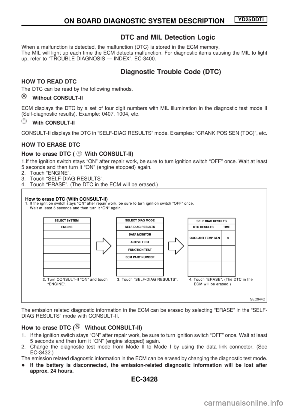 NISSAN PICK-UP 2001 Repair Manual DTC and MIL Detection Logic
When a malfunction is detected, the malfunction (DTC) is stored in the ECM memory.
The MIL will light up each time the ECM detects malfunction. For diagnostic items causing NISSAN PICK-UP 2001 Repair Manual DTC and MIL Detection Logic
When a malfunction is detected, the malfunction (DTC) is stored in the ECM memory.
The MIL will light up each time the ECM detects malfunction. For diagnostic items causing