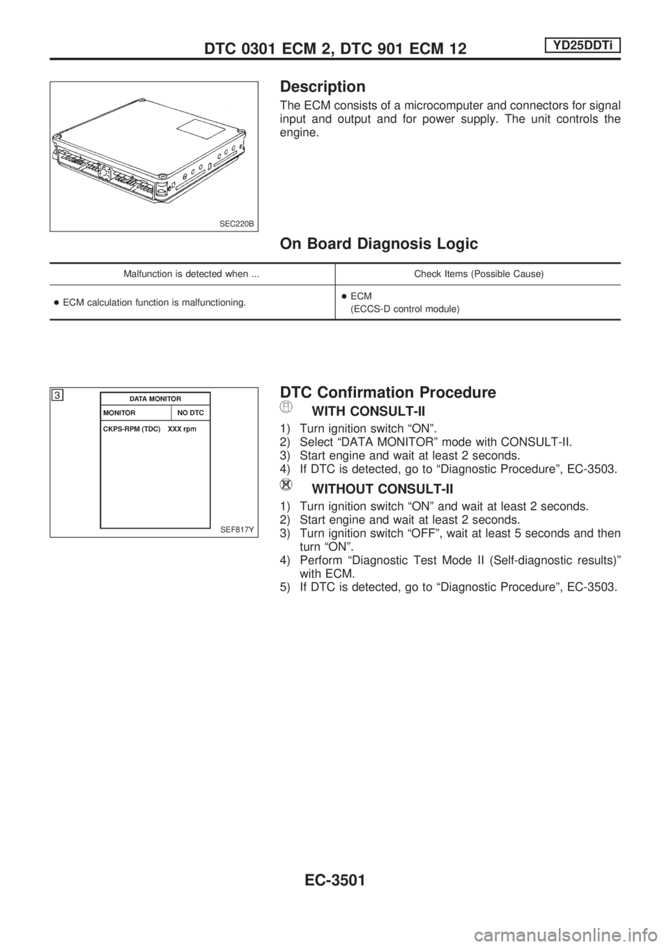 NISSAN PICK-UP 2001  Repair Manual Description
The ECM consists of a microcomputer and connectors for signal
input and output and for power supply. The unit controls the
engine.
On Board Diagnosis Logic
Malfunction is detected when ...