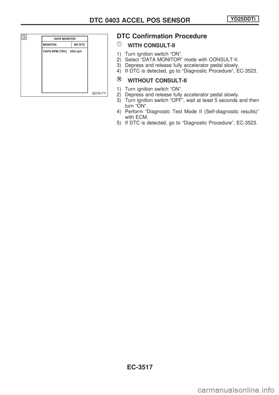 NISSAN PICK-UP 2001  Repair Manual DTC Confirmation Procedure
WITH CONSULT-II
1) Turn ignition switch ªONº.
2) Select ªDATA MONITORº mode with CONSULT-II.
3) Depress and release fully accelerator pedal slowly.
4) If DTC is detected