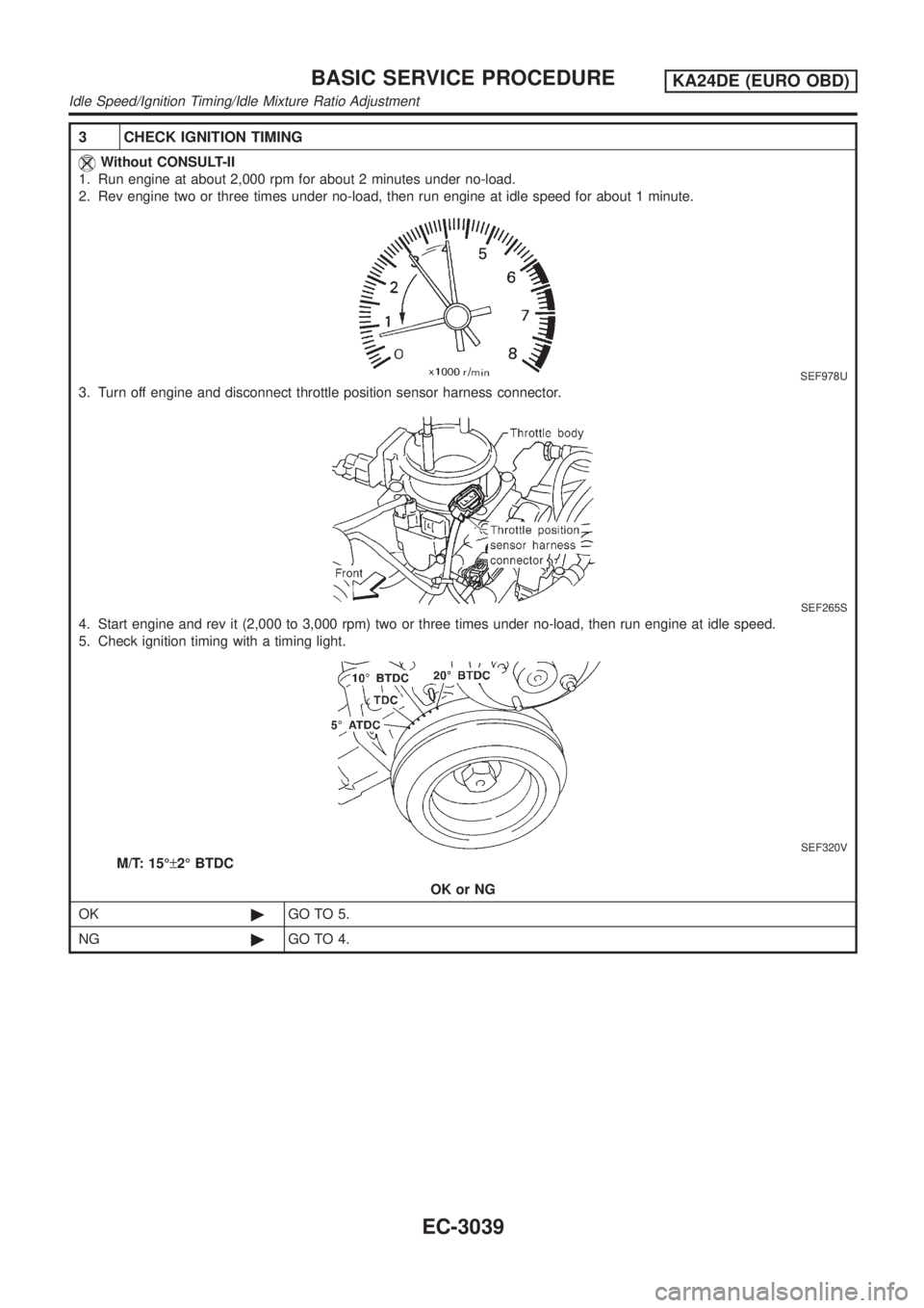 NISSAN PICK-UP 2001  Repair Manual 3 CHECK IGNITION TIMING
Without CONSULT-II
1. Run engine at about 2,000 rpm for about 2 minutes under no-load.
2. Rev engine two or three times under no-load, then run engine at idle speed for about 1