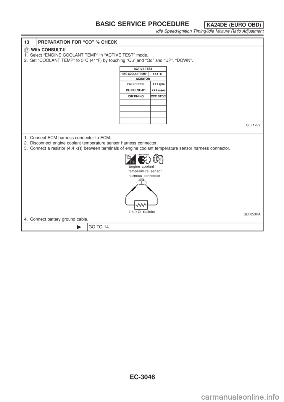 NISSAN PICK-UP 2001  Repair Manual 13 PREPARATION FOR ªCOº % CHECK
With CONSULT-II
1. Select ªENGINE COOLANT TEMPº in ªACTIVE TESTº mode.
2. Set ªCOOLANT TEMPº to 5ÉC (41ÉF) by touching ªQuº and ªQdº and ªUPº, ªDOWNº.