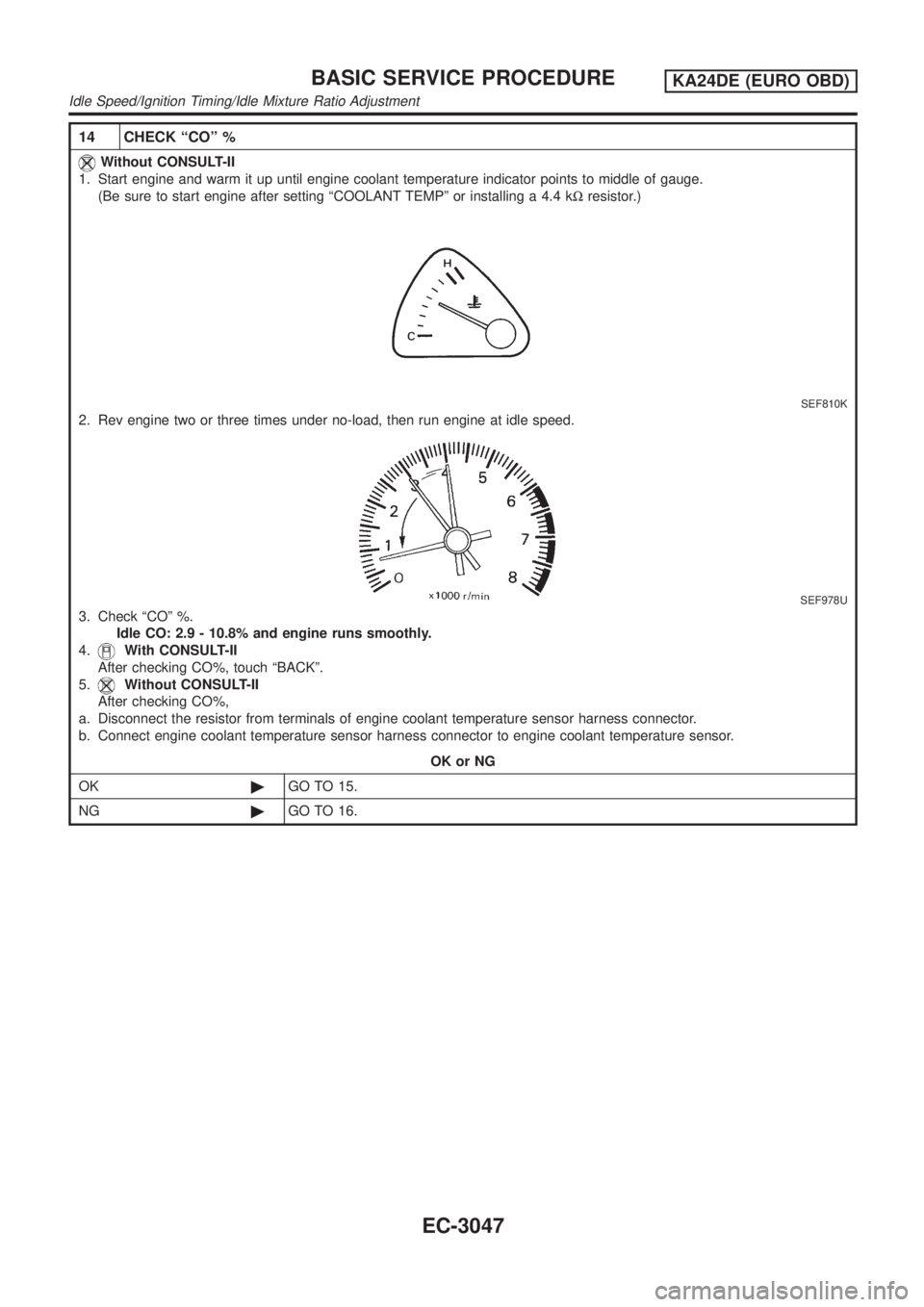 NISSAN PICK-UP 2001  Repair Manual 14 CHECK ªCOº %
Without CONSULT-II
1. Start engine and warm it up until engine coolant temperature indicator points to middle of gauge.
(Be sure to start engine after setting ªCOOLANT TEMPº or ins