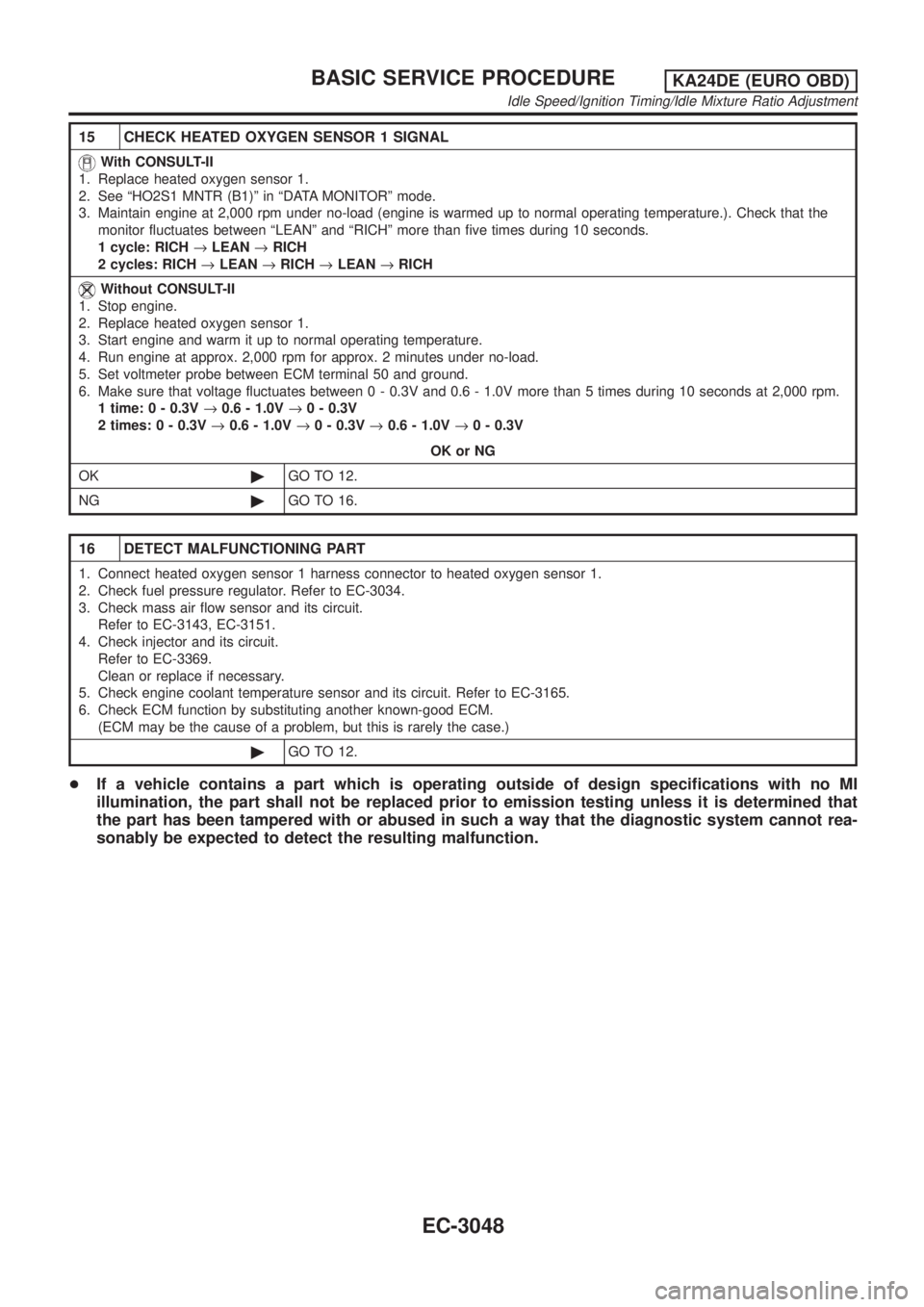 NISSAN PICK-UP 2001  Repair Manual 15 CHECK HEATED OXYGEN SENSOR 1 SIGNAL
With CONSULT-II
1. Replace heated oxygen sensor 1.
2. See ªHO2S1 MNTR (B1)º in ªDATA MONITORº mode.
3. Maintain engine at 2,000 rpm under no-load (engine is 