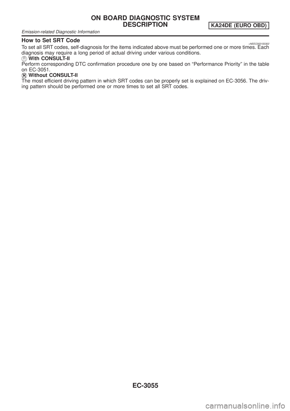 NISSAN PICK-UP 2001  Repair Manual How to Set SRT Code=NEEC0031S0302To set all SRT codes, self-diagnosis for the items indicated above must be performed one or more times. Each
diagnosis may require a long period of actual driving unde