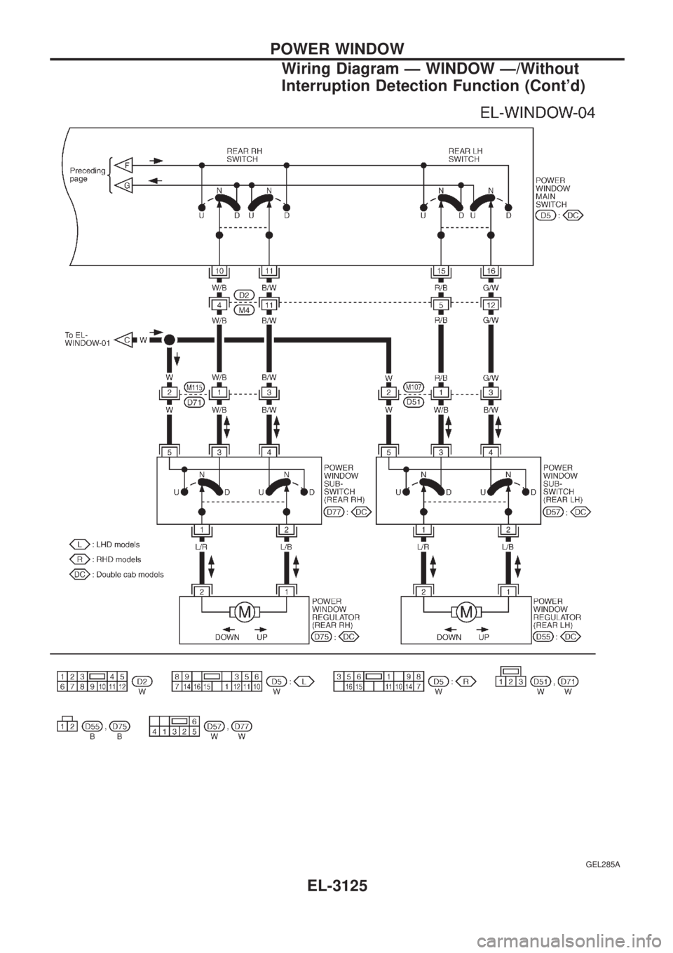 NISSAN PICK-UP 2001  Repair Manual GEL285A
POWER WINDOW
Wiring Diagram Ð WINDOW Ð/Without
Interruption Detection Function (Contd)
EL-3125 