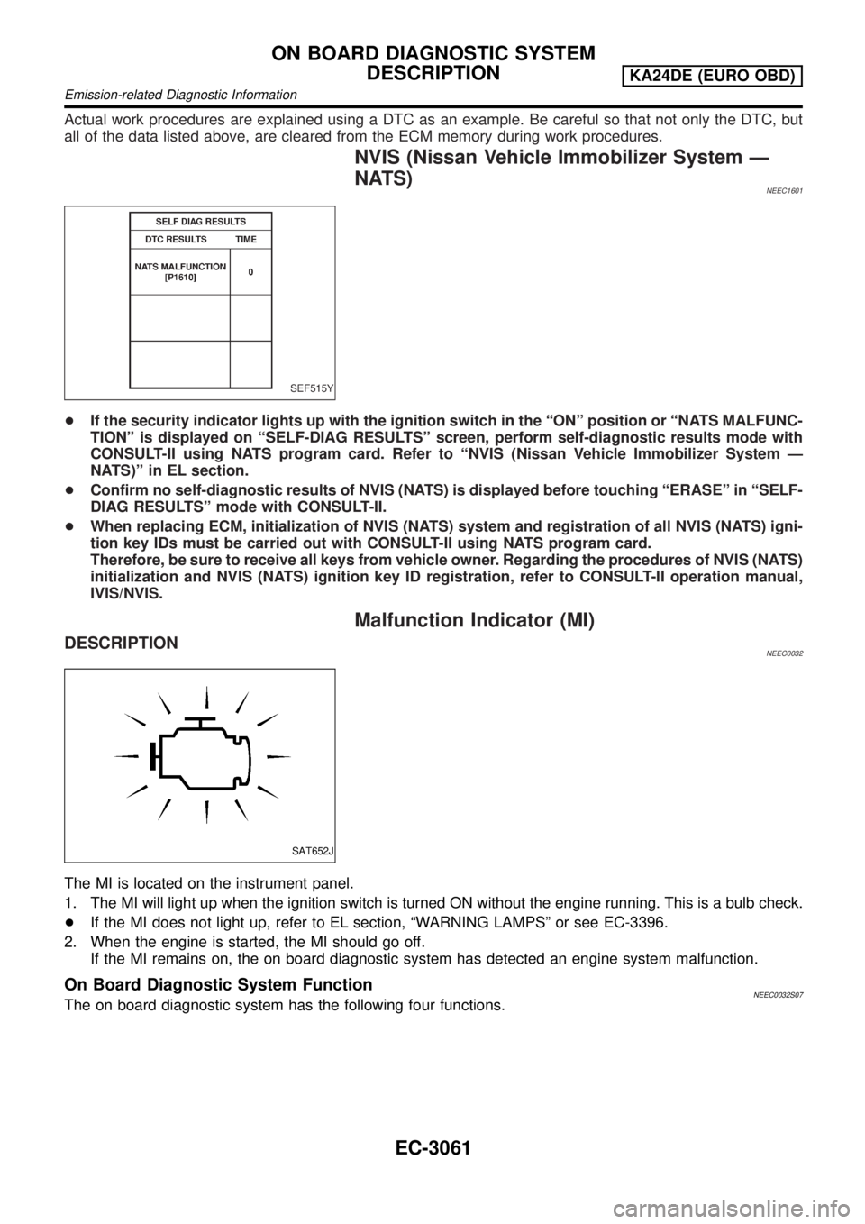 NISSAN PICK-UP 2001 Repair Manual Actual work procedures are explained using a DTC as an example. Be careful so that not only the DTC, but
all of the data listed above, are cleared from the ECM memory during work procedures.
NVIS (Nis NISSAN PICK-UP 2001 Repair Manual Actual work procedures are explained using a DTC as an example. Be careful so that not only the DTC, but
all of the data listed above, are cleared from the ECM memory during work procedures.
NVIS (Nis