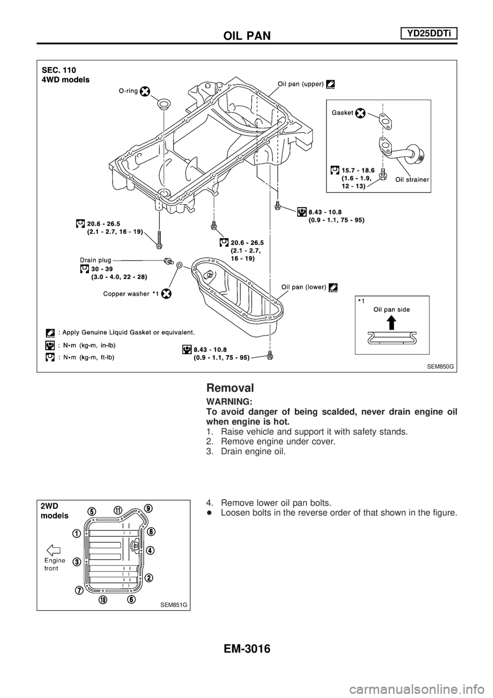 NISSAN PICK-UP 2001  Repair Manual Removal
WARNING:
To avoid danger of being scalded, never drain engine oil
when engine is hot.
1. Raise vehicle and support it with safety stands.
2. Remove engine under cover.
3. Drain engine oil.
4. 