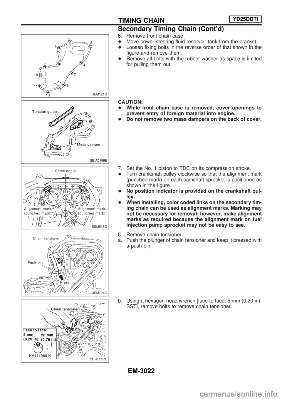 NISSAN PICK-UP 2001  Repair Manual 6. Remove front chain case.
+Move power steering fluid reservoir tank from the bracket.
+Loosen fixing bolts in the reverse order of that shown in the
figure and remove them.
+Remove all bolts with th