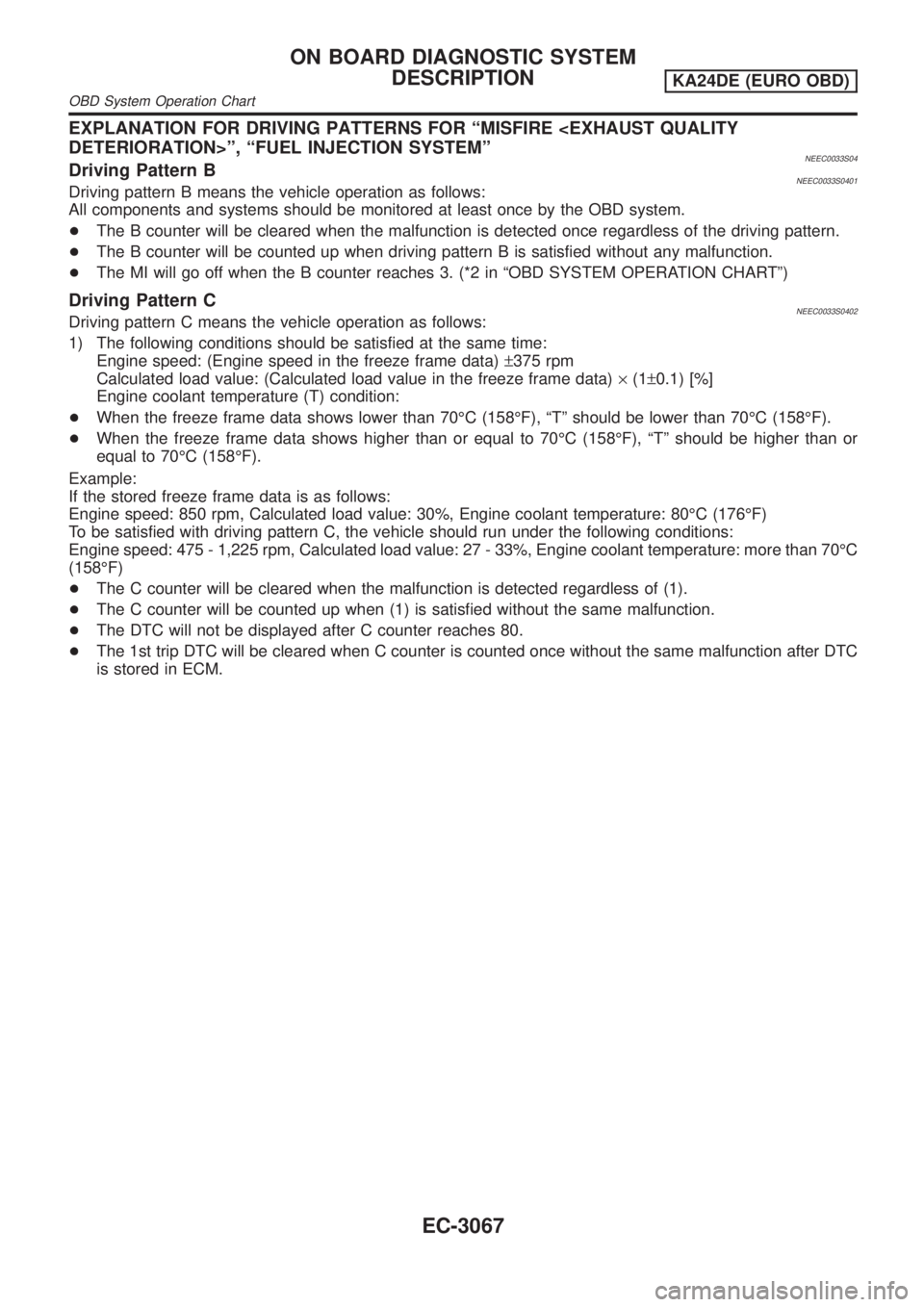 NISSAN PICK-UP 2001  Repair Manual EXPLANATION FOR DRIVING PATTERNS FOR ªMISFIRE <EXHAUST QUALITY
DETERIORATION>º, ªFUEL INJECTION SYSTEMº
NEEC0033S04Driving Pattern BNEEC0033S0401Driving pattern B means the vehicle operation as fo