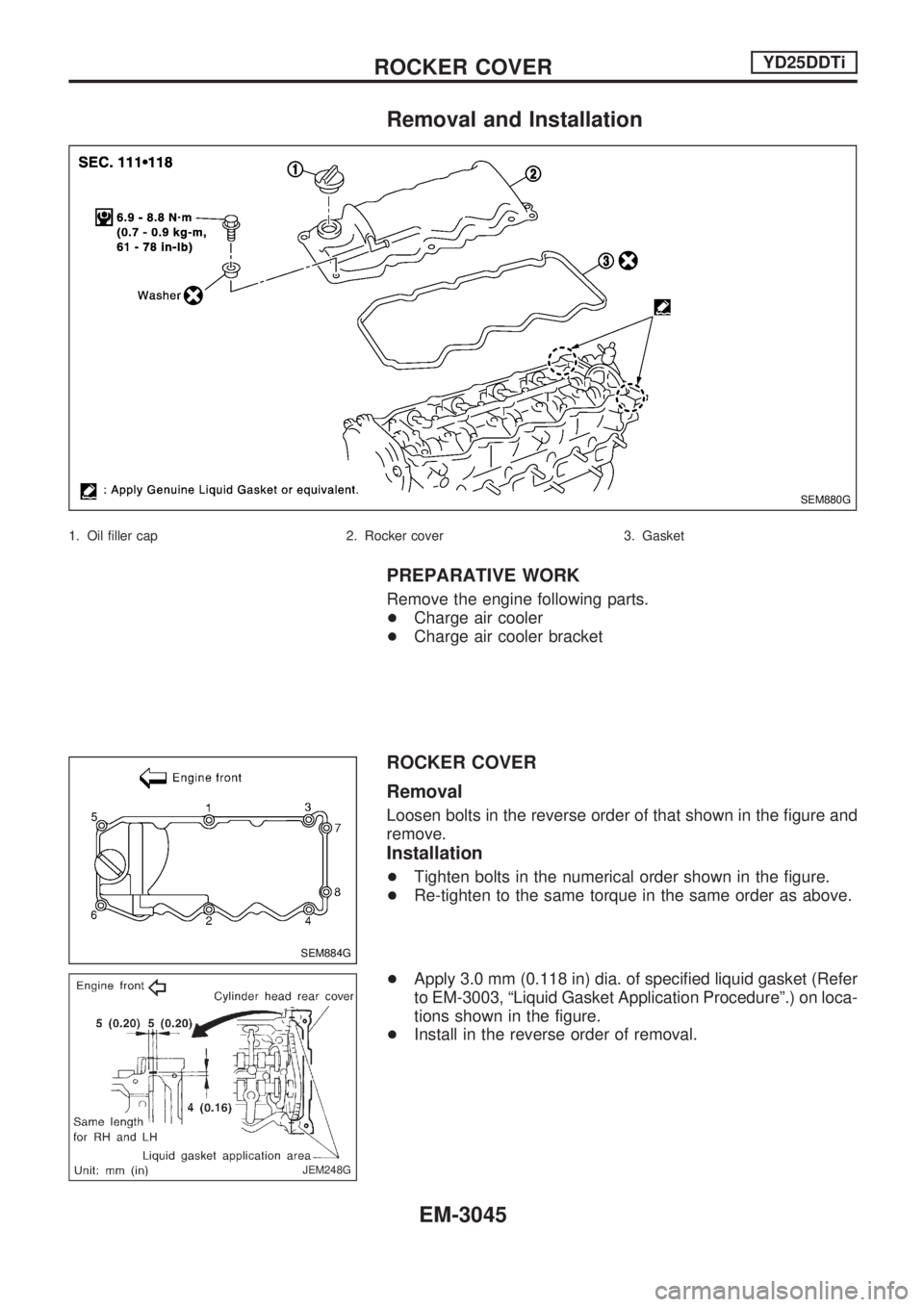 NISSAN PICK-UP 2001  Repair Manual Removal and Installation
1. Oil filler cap 2. Rocker cover 3. Gasket
PREPARATIVE WORK
Remove the engine following parts.
+Charge air cooler
+Charge air cooler bracket
ROCKER COVER
Removal
Loosen bolts