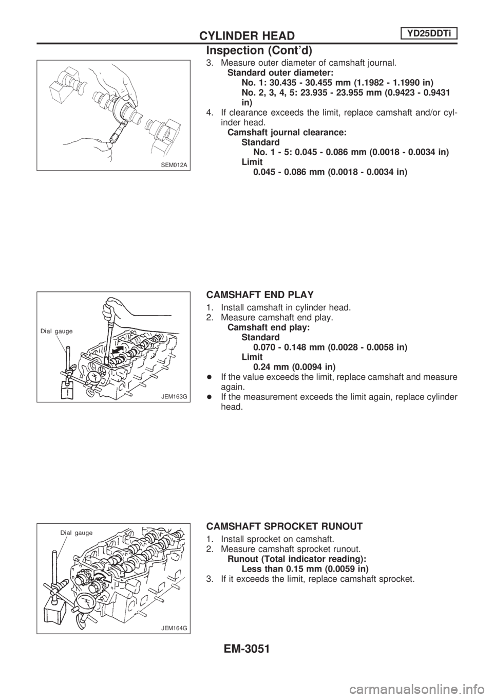 NISSAN PICK-UP 2001  Repair Manual 3. Measure outer diameter of camshaft journal.
Standard outer diameter:
No. 1: 30.435 - 30.455 mm (1.1982 - 1.1990 in)
No. 2, 3, 4, 5: 23.935 - 23.955 mm (0.9423 - 0.9431
in)
4. If clearance exceeds t
