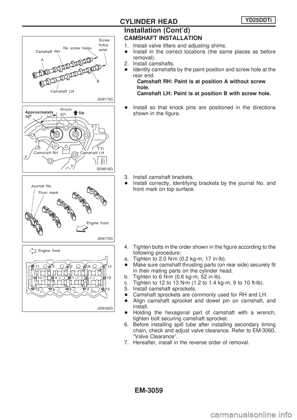 NISSAN PICK-UP 2001 Repair Manual CAMSHAFT INSTALLATION
1. Install valve lifters and adjusting shims.
+Install in the correct locations (the same places as before
removal).
2. Install camshafts.
+Identify camshafts by the paint positi NISSAN PICK-UP 2001 Repair Manual CAMSHAFT INSTALLATION
1. Install valve lifters and adjusting shims.
+Install in the correct locations (the same places as before
removal).
2. Install camshafts.
+Identify camshafts by the paint positi
