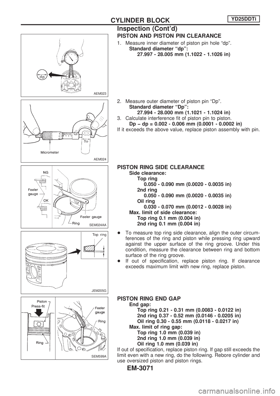 NISSAN PICK-UP 2001 Repair Manual PISTON AND PISTON PIN CLEARANCE
1. Measure inner diameter of piston pin hole ªdpº.
Standard diameter ªdpº:
27.997 - 28.005 mm (1.1022 - 1.1026 in)
2. Measure outer diameter of piston pin ªDpº.
S NISSAN PICK-UP 2001 Repair Manual PISTON AND PISTON PIN CLEARANCE
1. Measure inner diameter of piston pin hole ªdpº.
Standard diameter ªdpº:
27.997 - 28.005 mm (1.1022 - 1.1026 in)
2. Measure outer diameter of piston pin ªDpº.
S
