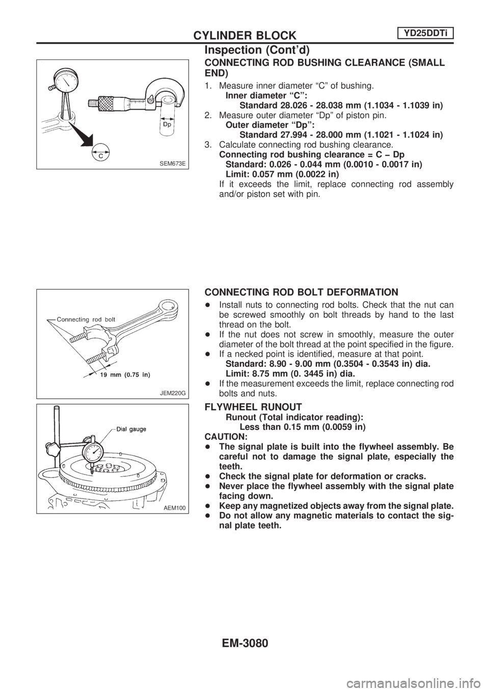 NISSAN PICK-UP 2001 Repair Manual CONNECTING ROD BUSHING CLEARANCE (SMALL
END)
1. Measure inner diameter ªCº of bushing.
Inner diameter ªCº:
Standard 28.026 - 28.038 mm (1.1034 - 1.1039 in)
2. Measure outer diameter ªDpº of pist NISSAN PICK-UP 2001 Repair Manual CONNECTING ROD BUSHING CLEARANCE (SMALL
END)
1. Measure inner diameter ªCº of bushing.
Inner diameter ªCº:
Standard 28.026 - 28.038 mm (1.1034 - 1.1039 in)
2. Measure outer diameter ªDpº of pist