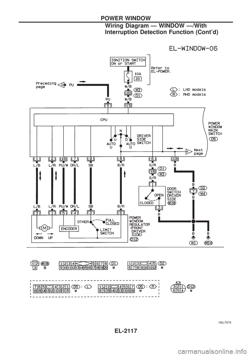 NISSAN PICK-UP 1999  Repair Manual HEL767A
POWER WINDOW
Wiring Diagram Ð WINDOW Ð/With
Interruption Detection Function (Contd)
EL-2117 