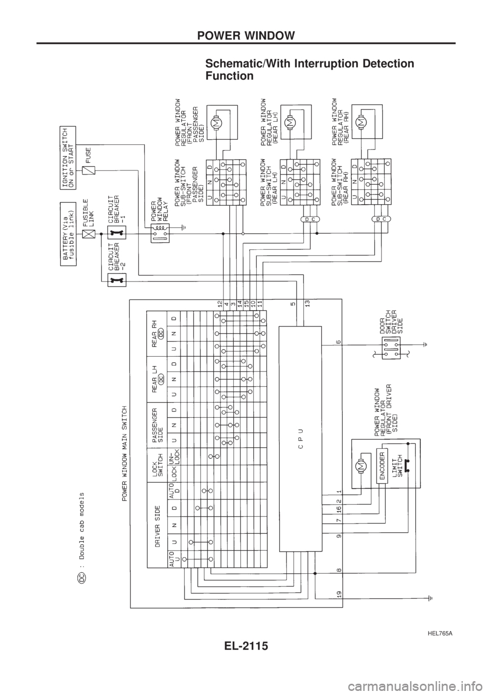 NISSAN PICK-UP 1999  Repair Manual Schematic/With Interruption Detection
Function
HEL765A
POWER WINDOW
EL-2115 