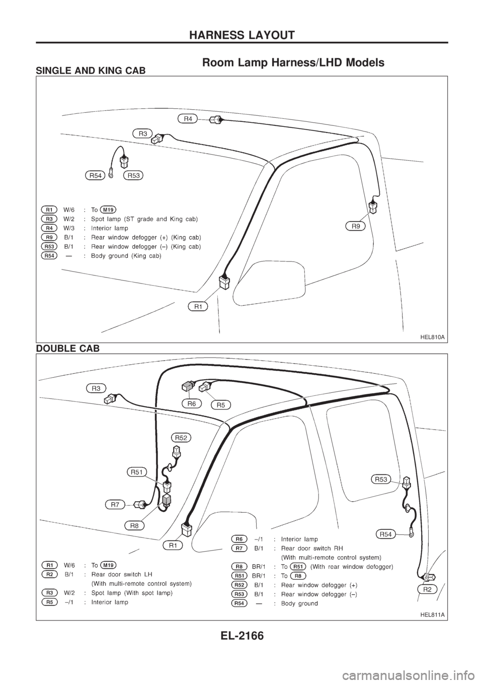 NISSAN PICK-UP 1999  Repair Manual Room Lamp Harness/LHD ModelsSINGLE AND KING CAB
DOUBLE CAB
HEL810A
HEL811A
HARNESS LAYOUT
EL-2166 