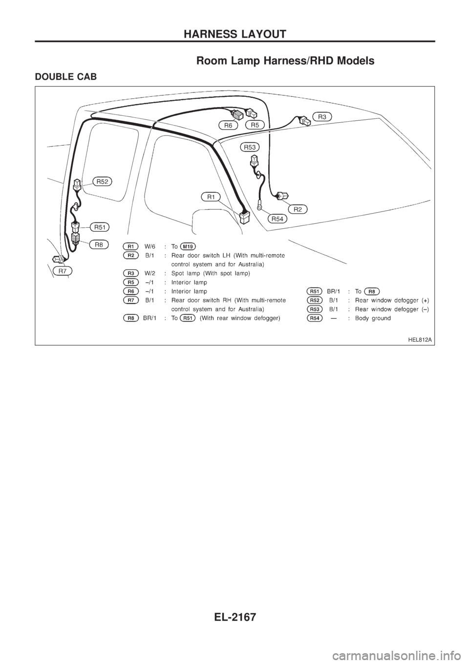NISSAN PICK-UP 1999  Repair Manual Room Lamp Harness/RHD Models
DOUBLE CAB
HEL812A
HARNESS LAYOUT
EL-2167 