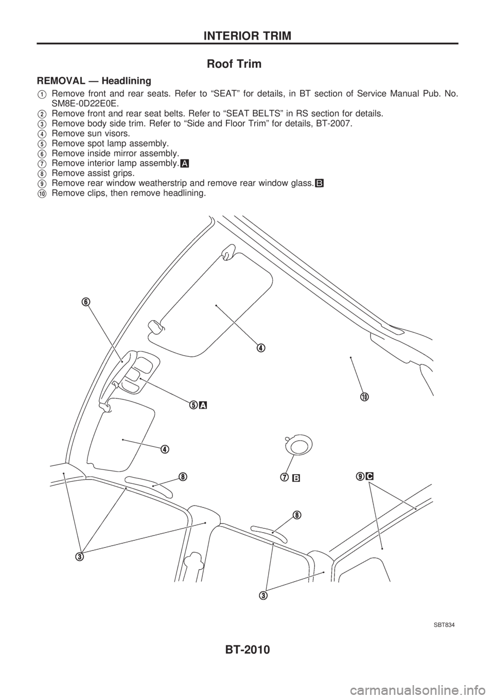 NISSAN PICK-UP 1999  Repair Manual Roof Trim
REMOVAL Ð Headlining
V1Remove front and rear seats. Refer to ªSEATº for details, in BT section of Service Manual Pub. No.
SM8E-0D22E0E.
V2Remove front and rear seat belts. Refer to ªSEAT